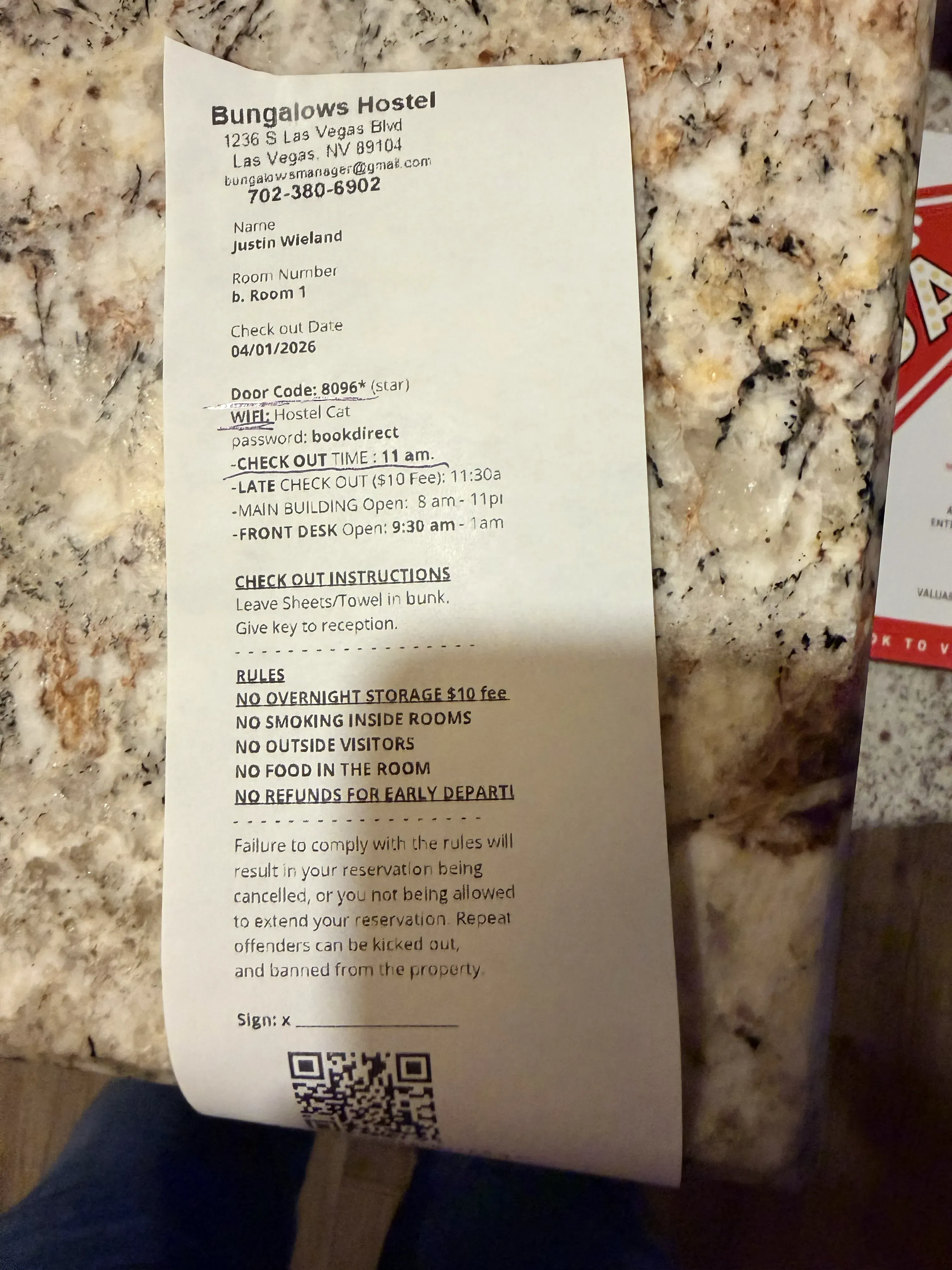 Bungalows Hostel receipt