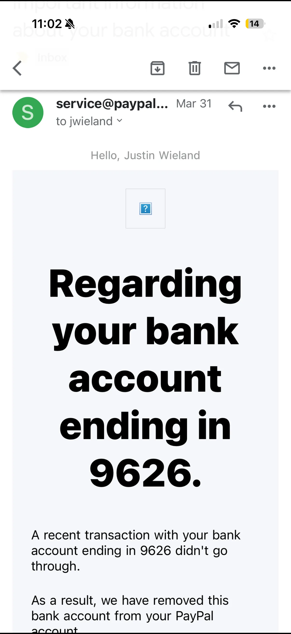 PayPal removed bank