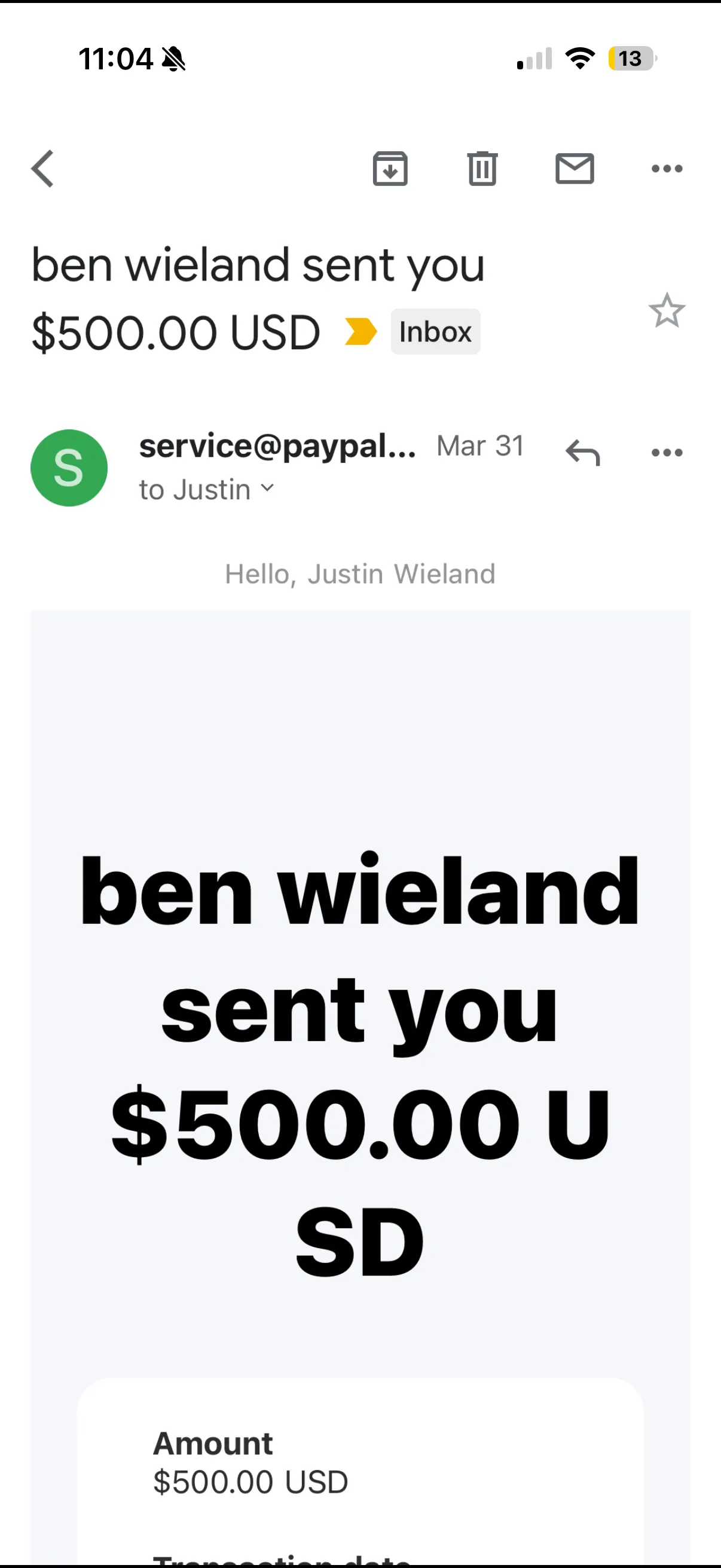 Brother sending $500 on PayPal with debit card ad