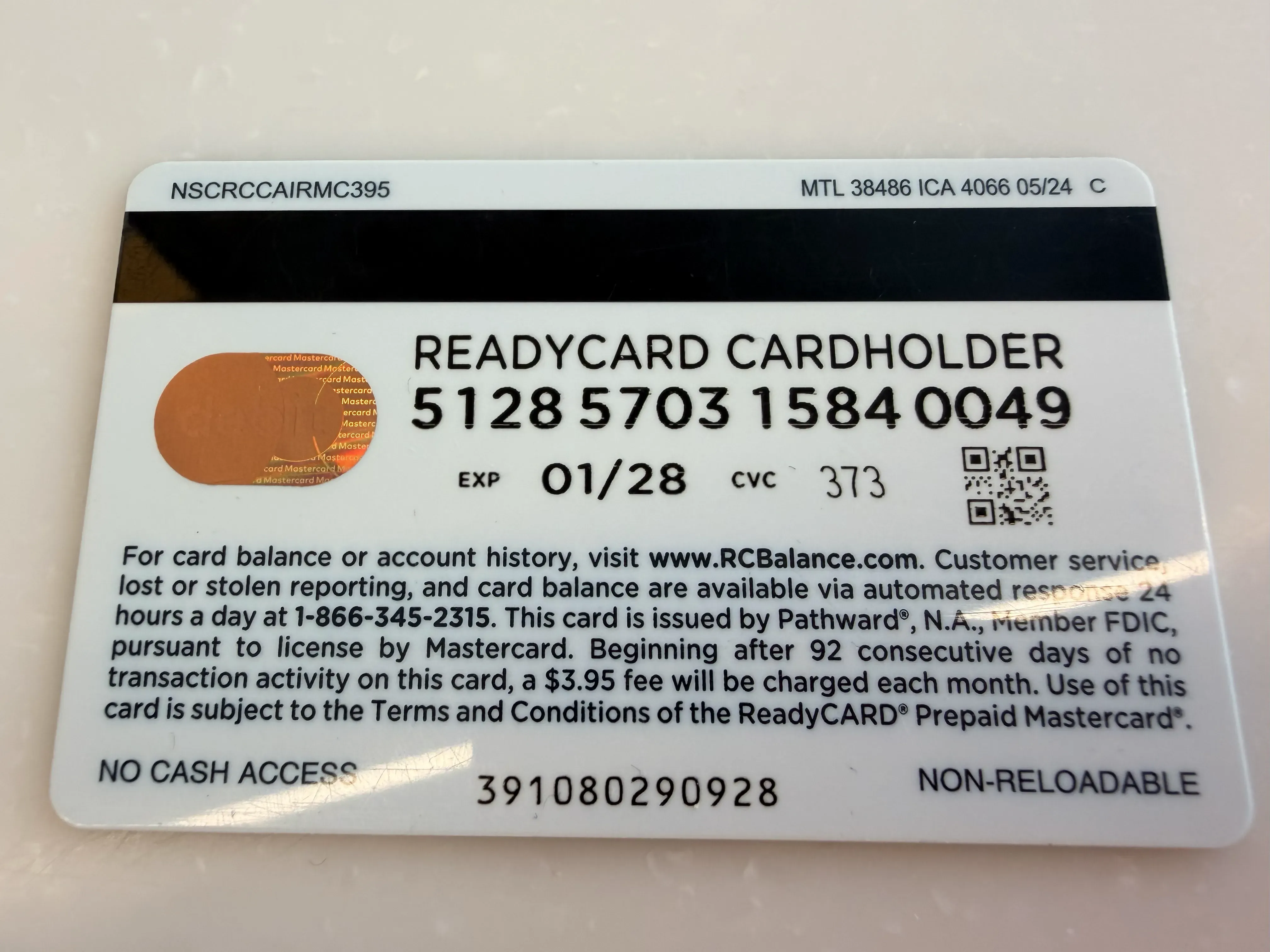 ReadyCARD back — NO CASH ACCESS